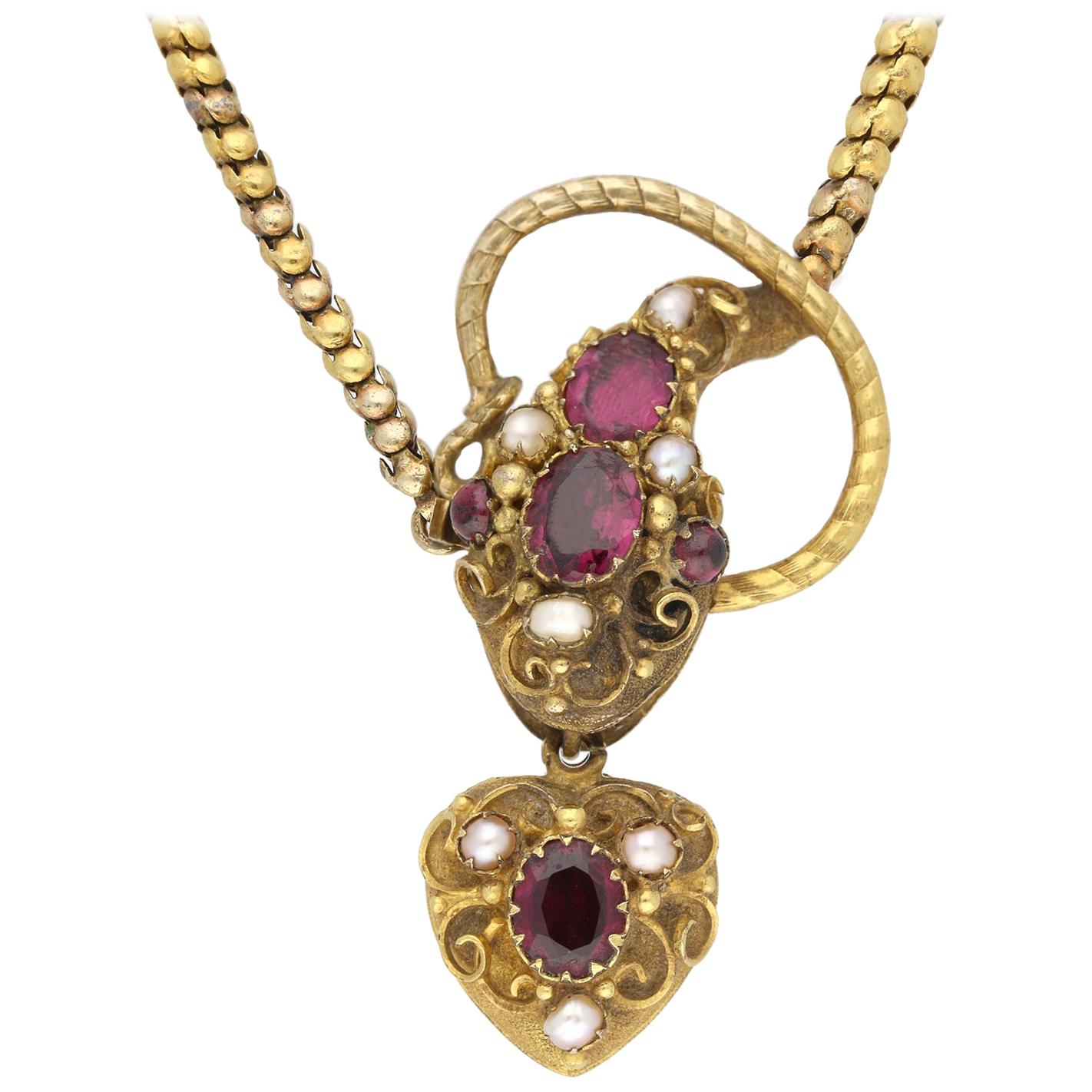 Antique Pearl Garnet Gold Snake Necklace