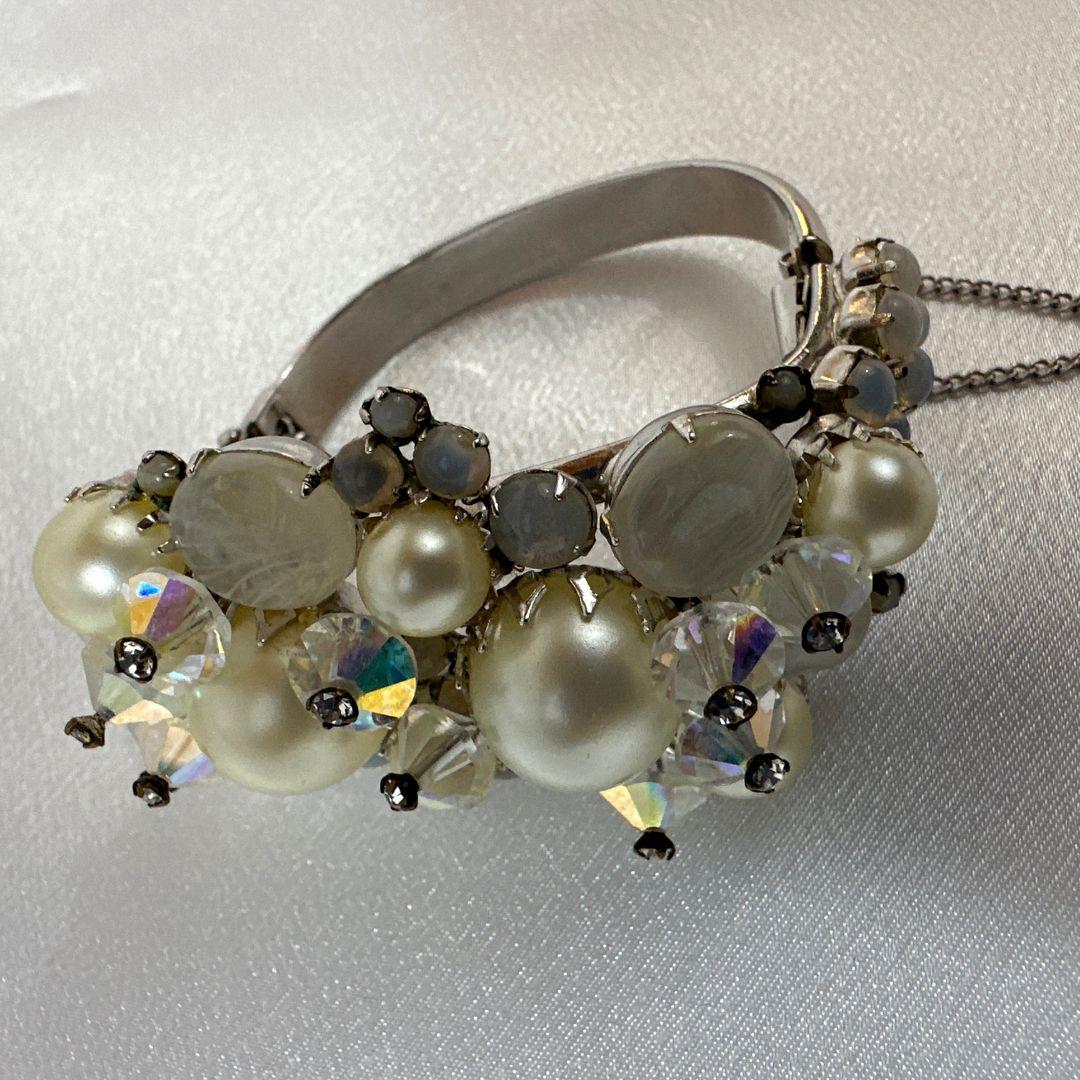 Brilliant Cut Antique Pearl & Glass Alice Caviness Jewelry Set Earrings Bracelet & Pin For Sale