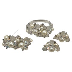 Antike Perle & Glas Alice Caviness Schmuck Set Ohrringe Armband & Anstecknadel