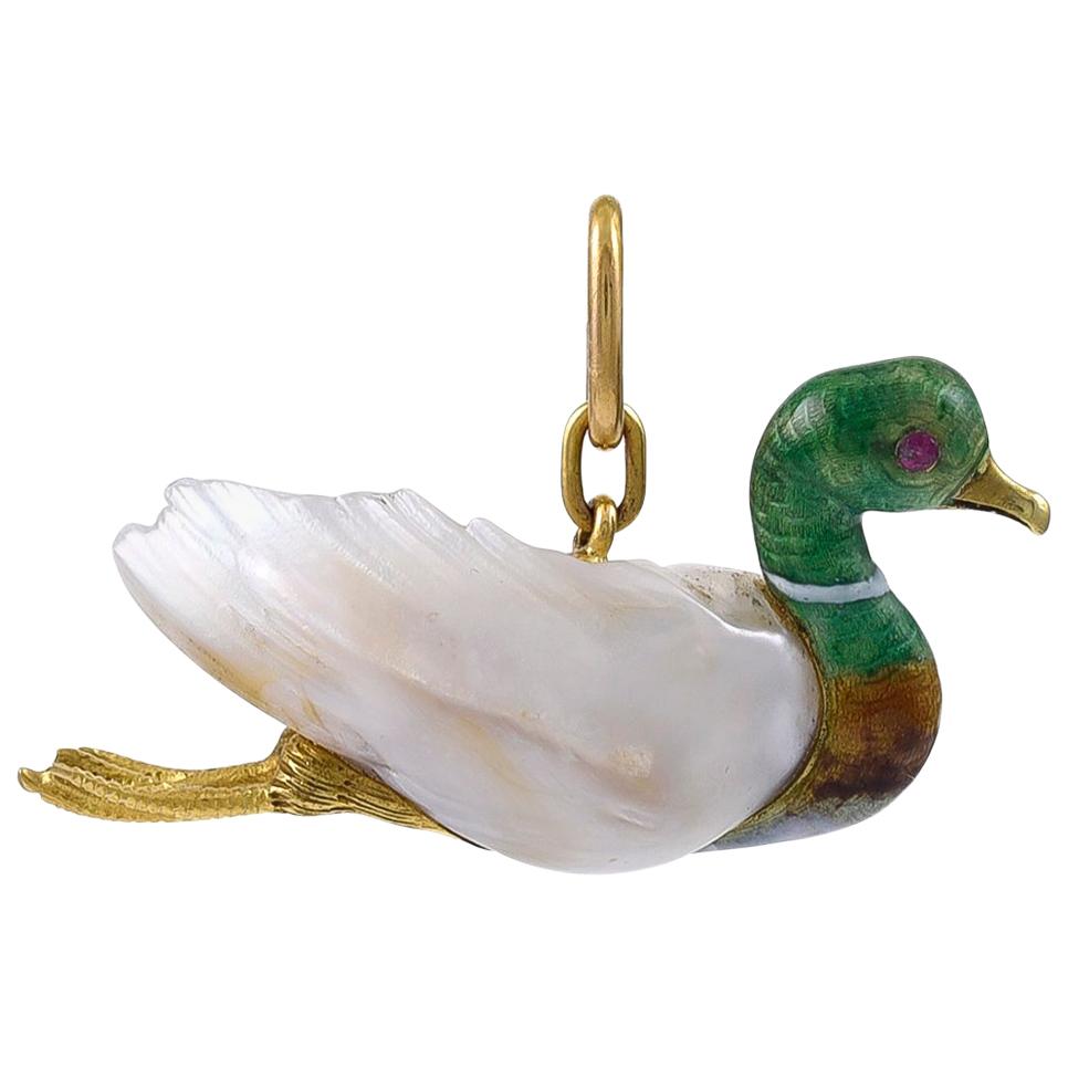 Antique Pearl, Gold and Enamel Duck Pendant For Sale