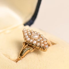 Antique Pearl Gold Ring. Cluster Seed Pearl Navette Ring 18k Yellow Gold 1815