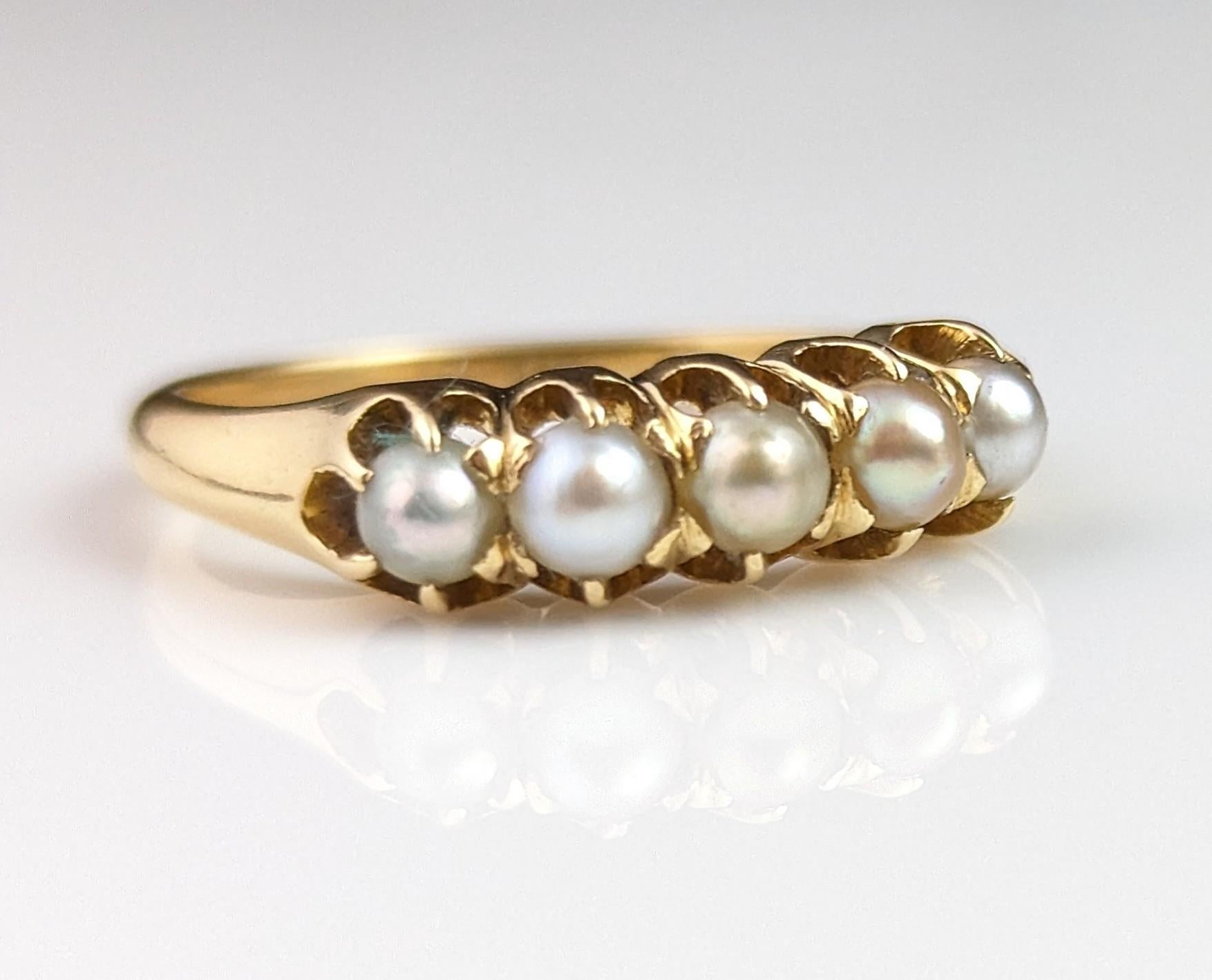 Antique Pearl Half Hoop Ring, 18k Yellow Gold, Edwardian In Good Condition In NEWARK, GB