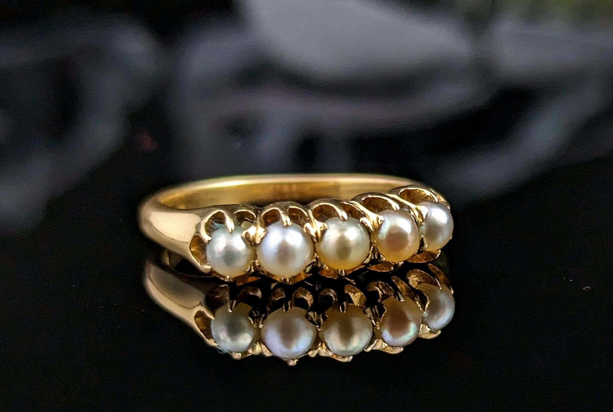 Antique Pearl Half Hoop Ring, 18k Yellow Gold, Edwardian 1