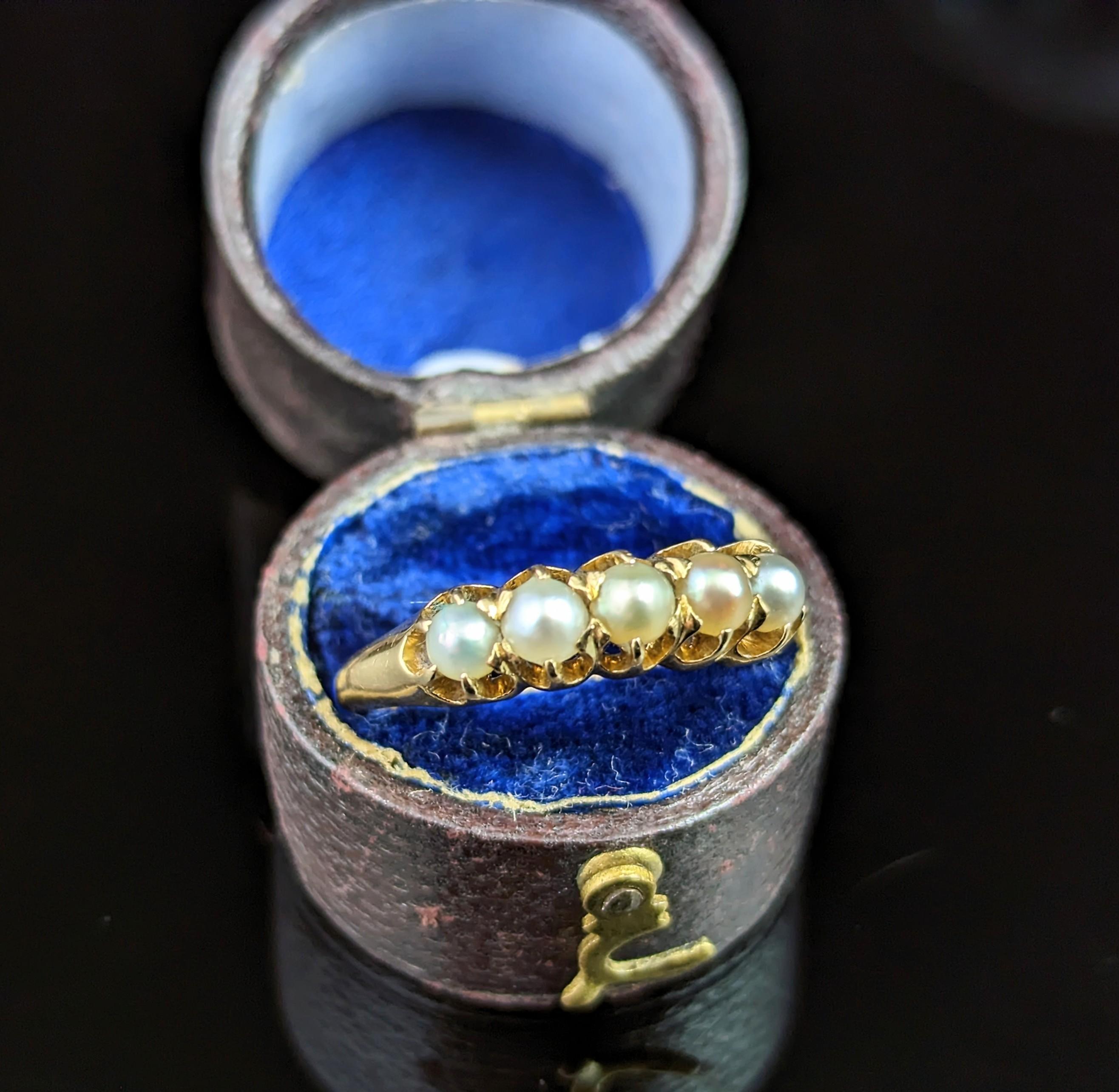 Antique Pearl Half Hoop Ring, 18k Yellow Gold, Edwardian 3
