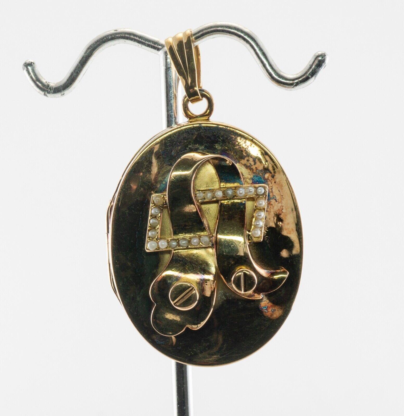 Ciondolo antico con perla ovale in oro 14K in vendita 3