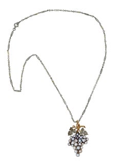 Antique Pearl Platinum 18 Karat Yellow Gold Grape Vine Pendant Necklace