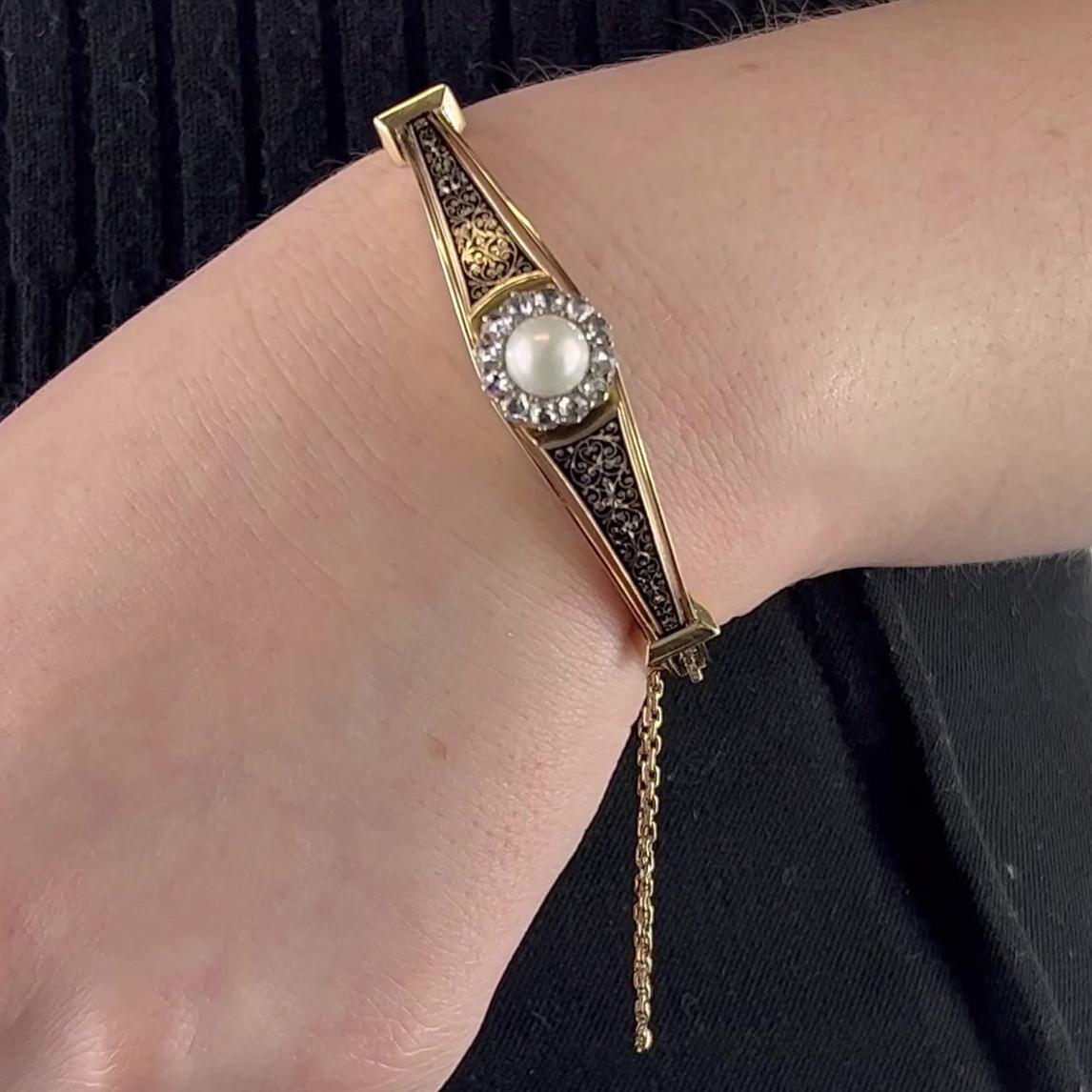 Late Victorian Antique Pearl Rose Cut Diamond 14 Karat Gold Black Enamel Bracelet