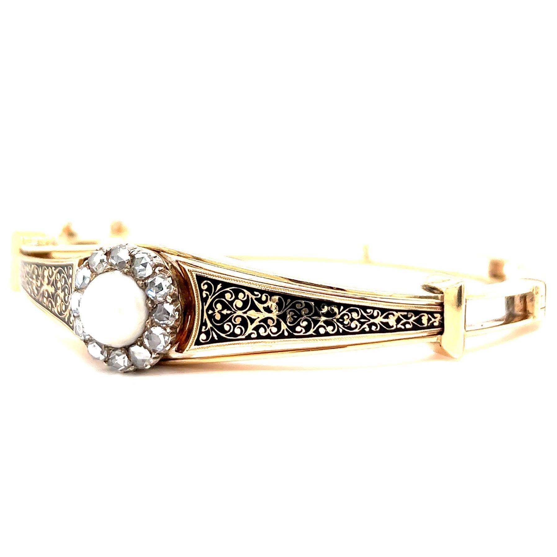 Women's or Men's Antique Pearl Rose Cut Diamond 14 Karat Gold Black Enamel Bracelet