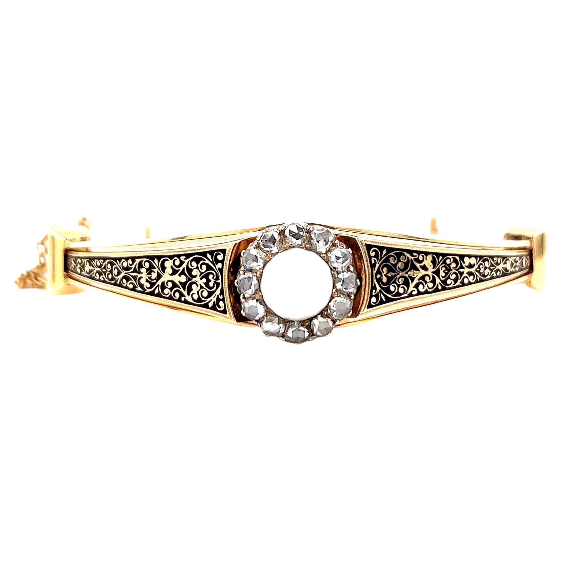 Antique Pearl Rose Cut Diamond 14 Karat Gold Black Enamel Bracelet