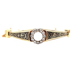 Antique Pearl Rose Cut Diamond 14 Karat Gold Black Enamel Bracelet