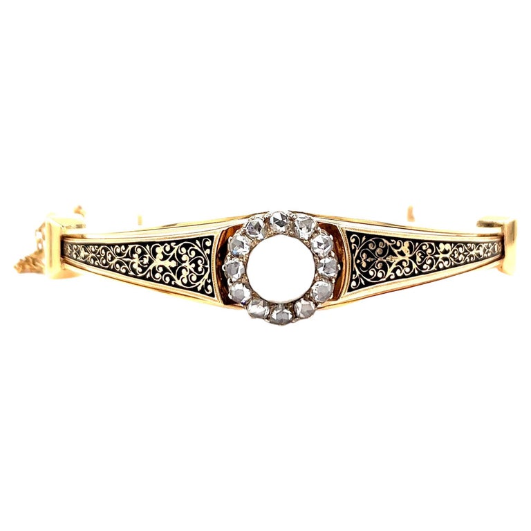 Antique Pearl Rose Cut Diamond 14 Karat Gold Black Enamel Bracelet For Sale  at 1stDibs