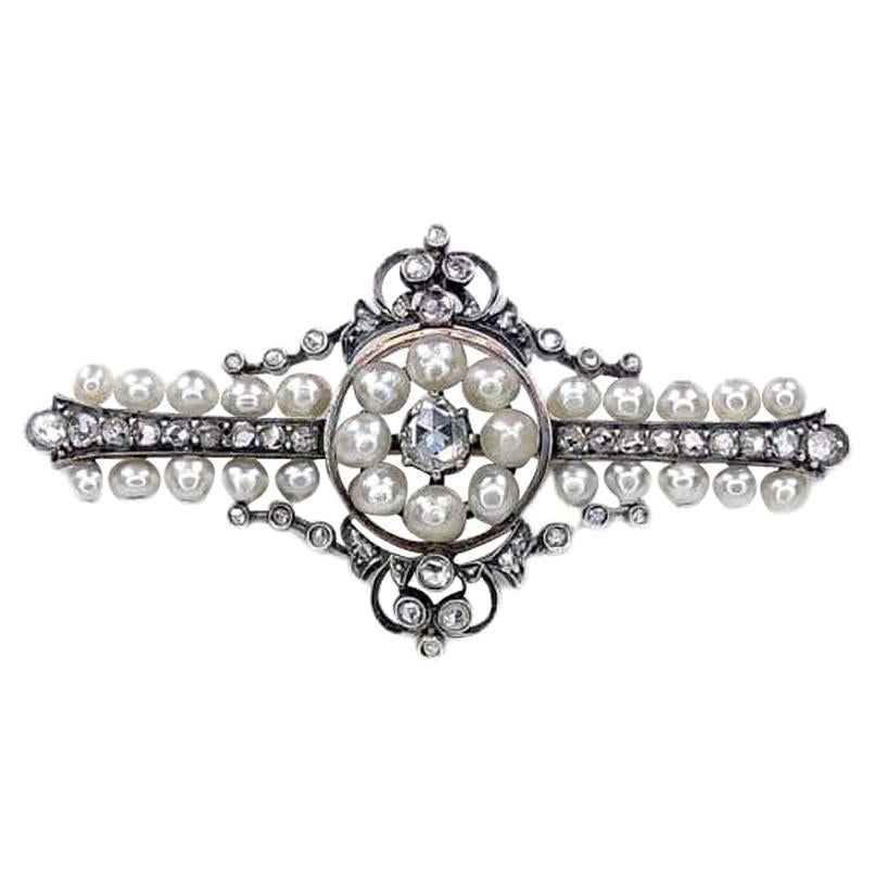 Antique Pearl Rose Cut Diamond Victorian 14K Gold Brooch