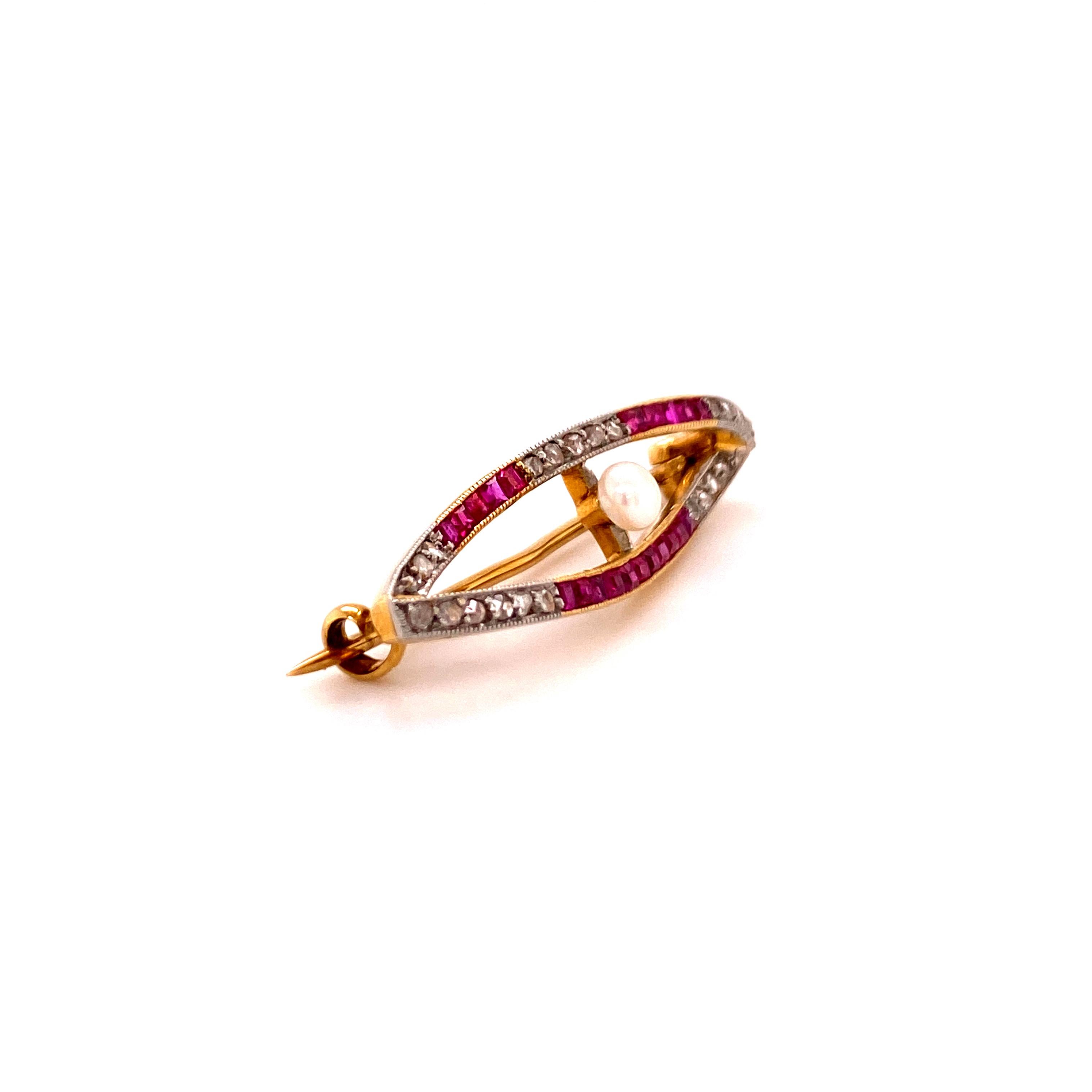 Antique Pearl, Ruby and Diamond Brooch in Gold 2