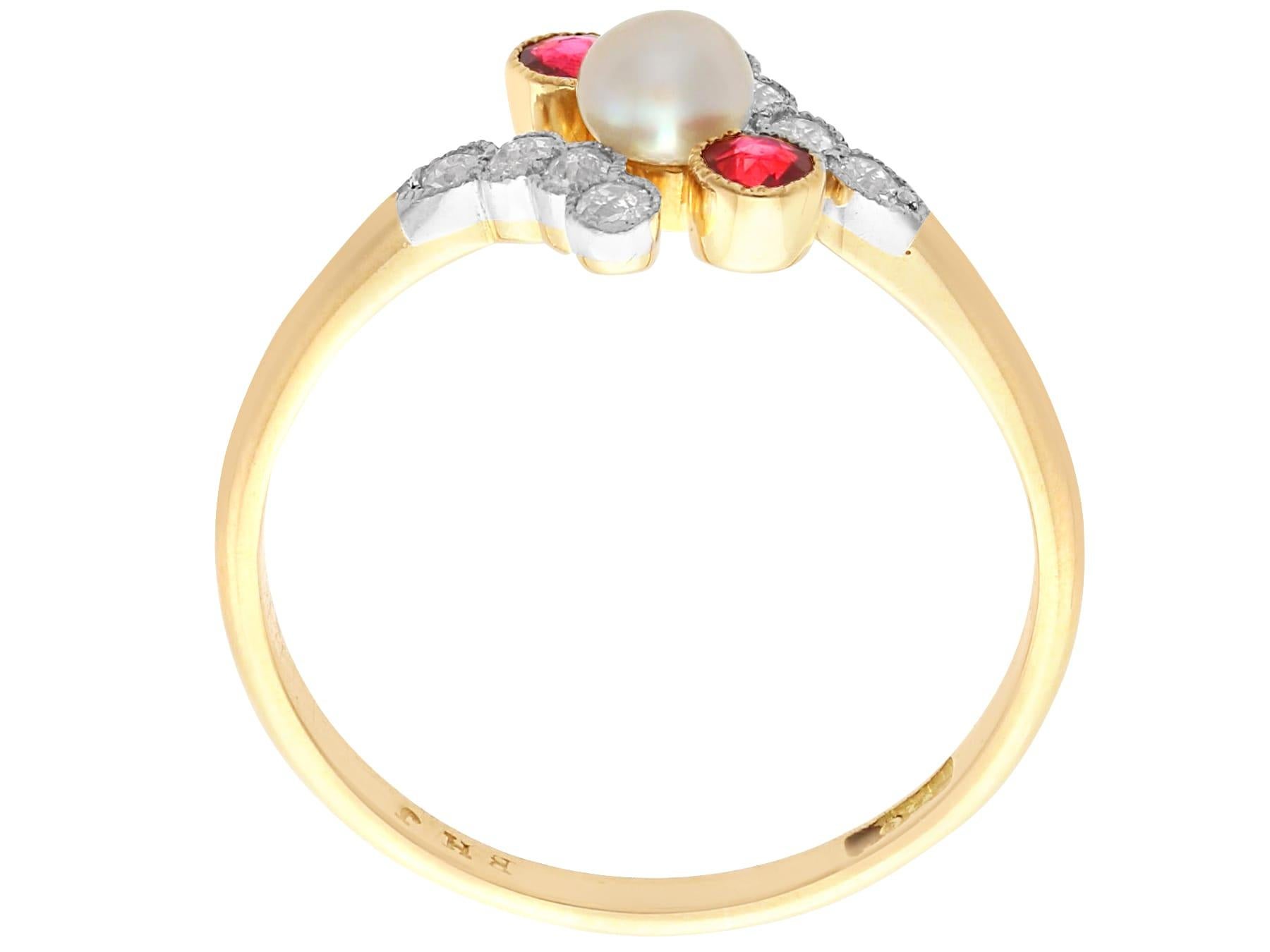 Women's or Men's Antique Pearl Ruby and Diamond Yellow Gold Twist Ring For Sale