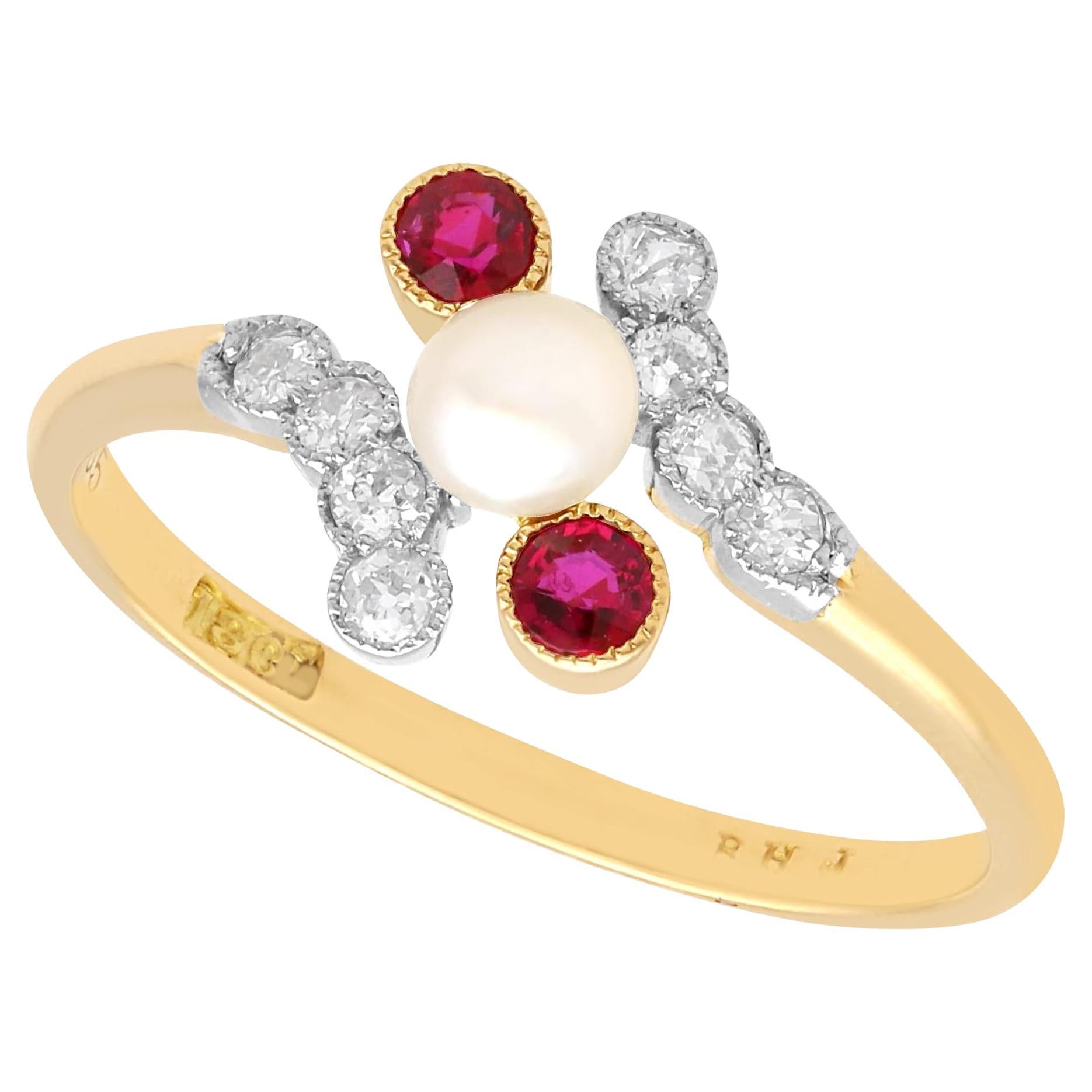 Antique Pearl Ruby and Diamond Yellow Gold Twist Ring For Sale