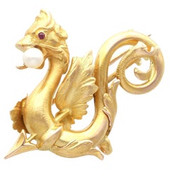 Antique Pearl Ruby and Yellow Gold Dragon Brooch