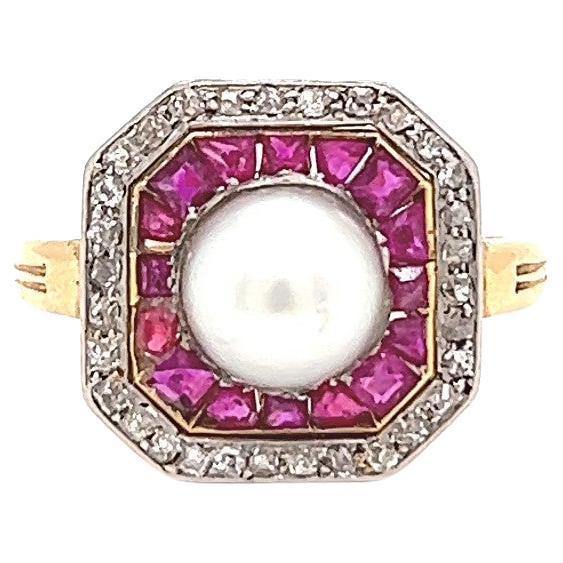 Antique Pearl Ruby Diamond 18 Karat Yellow Gold Platinum Ring