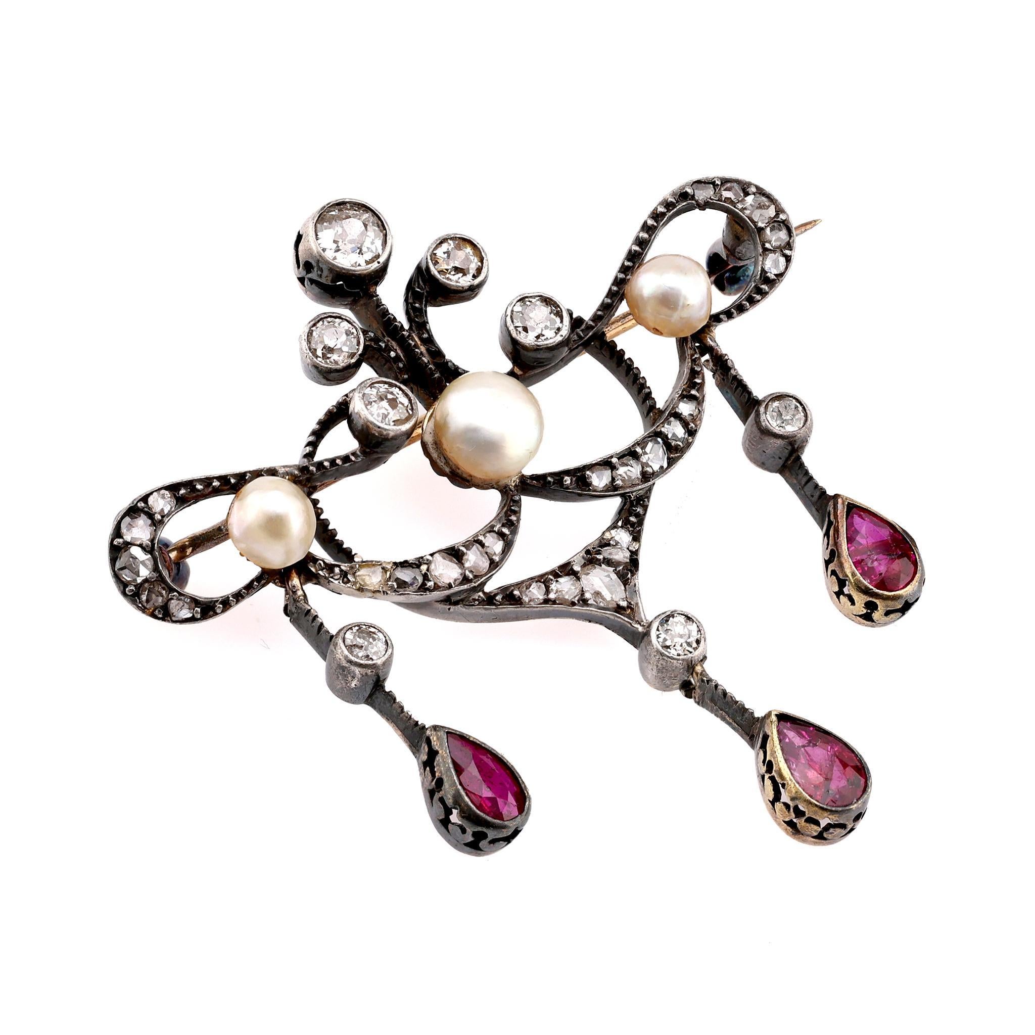 Pear Cut Antique Pearl Ruby Diamond 18K Yellow Gold Silver Brooch For Sale