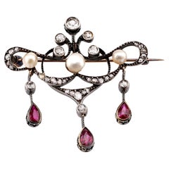 Antique Pearl Ruby Diamond 18K Yellow Gold Silver Brooch