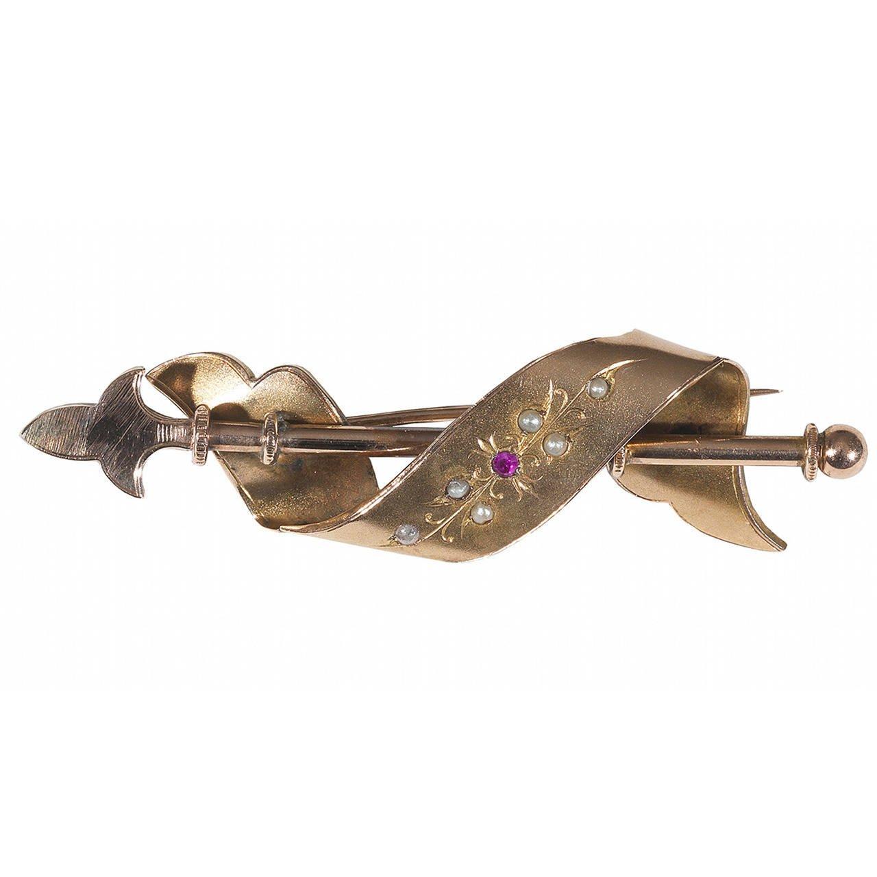 Victorian Antique Pearl Ruby Gold Arrow Brooch For Sale