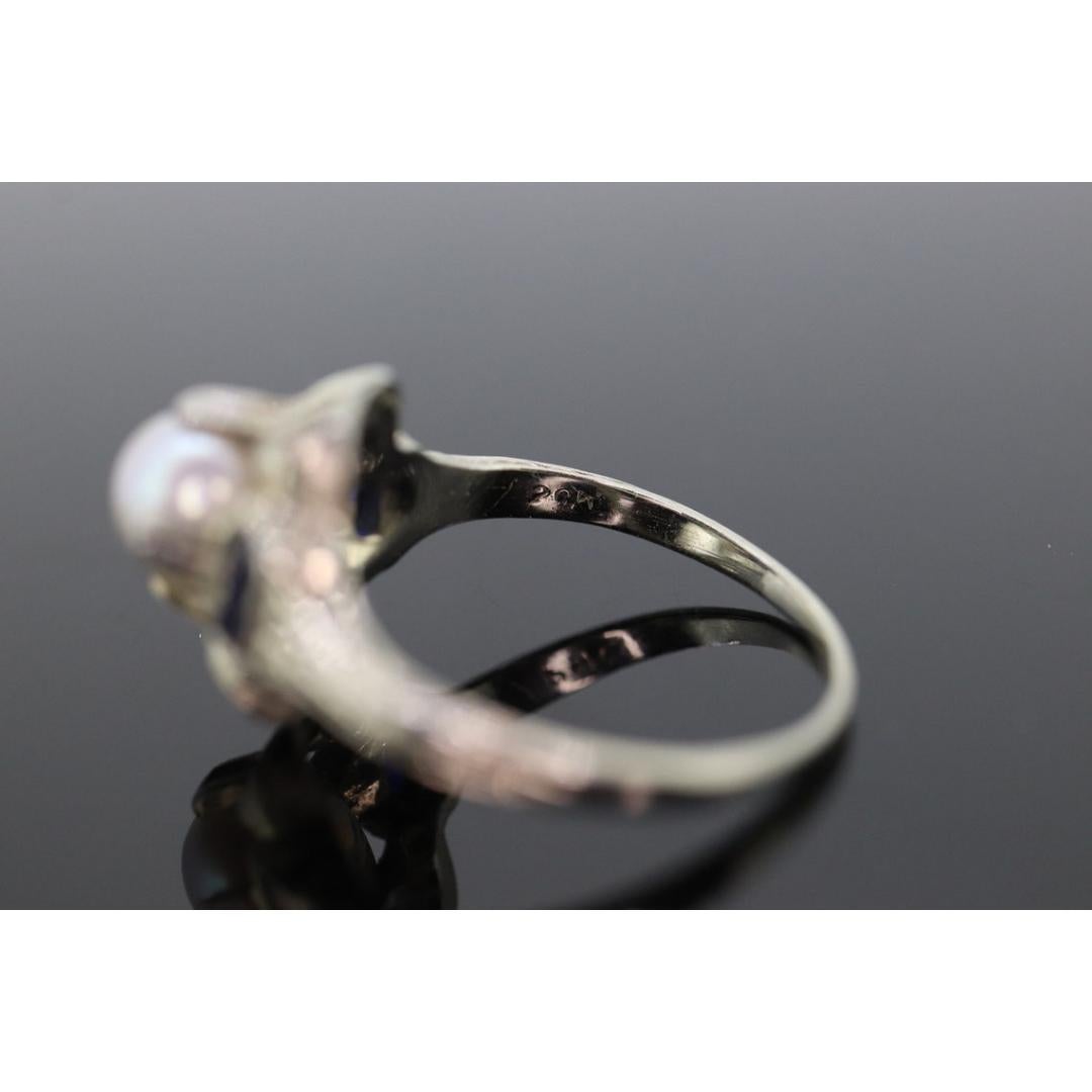 Antique Pearl Sapphire ring. 20k white gold engraved Open ring. 1920s 20k Gold For Sale 1