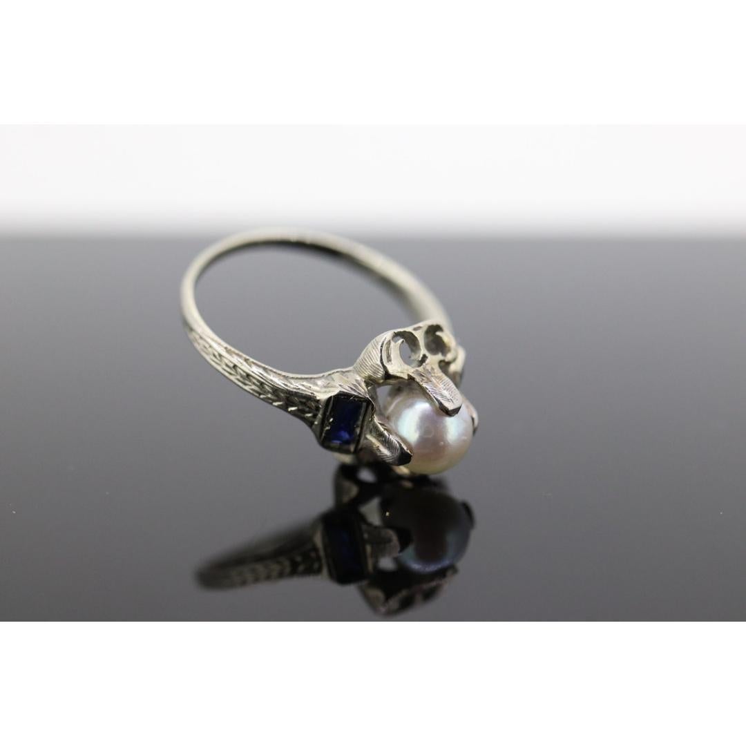 Antique Pearl Sapphire ring. 20k white gold engraved Open ring. 1920s 20k Gold For Sale 2