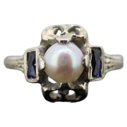 Antique Pearl Sapphire ring. 20k white gold engraved Open ring. 1920s 20k Gold