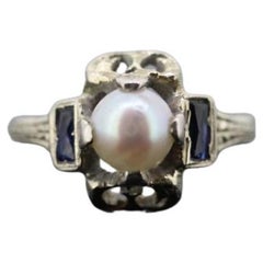 Antique Pearl Sapphire ring. 20k white gold engraved Open ring. 1920s 20k Gold