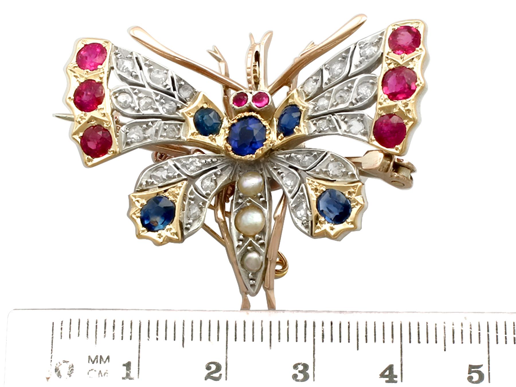 Antique Pearl Sapphire Ruby and Diamond Gold Butterfly Brooch 1