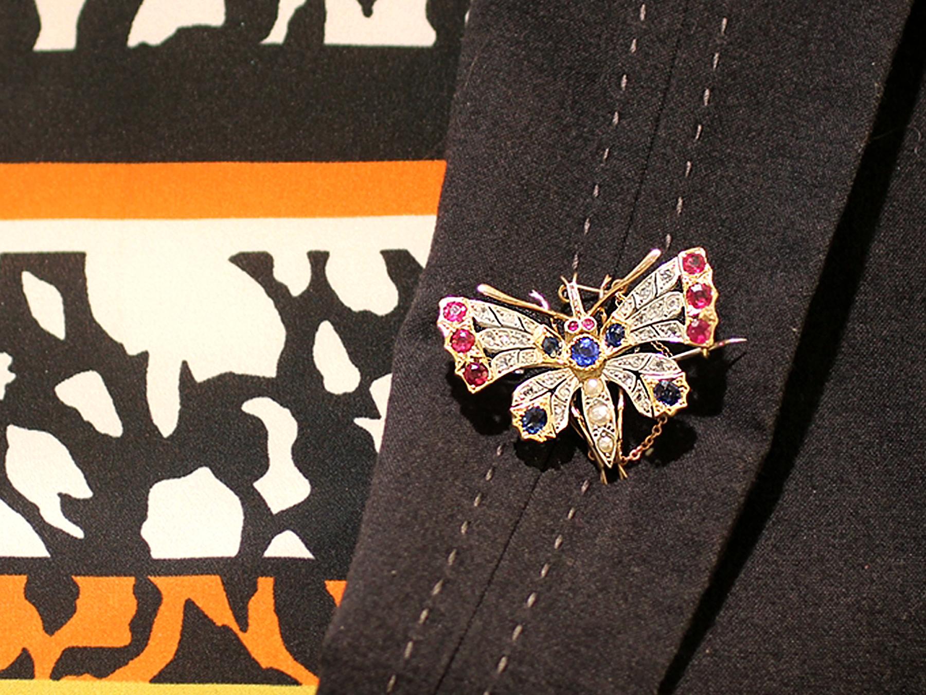 Antique Pearl Sapphire Ruby and Diamond Gold Butterfly Brooch 2