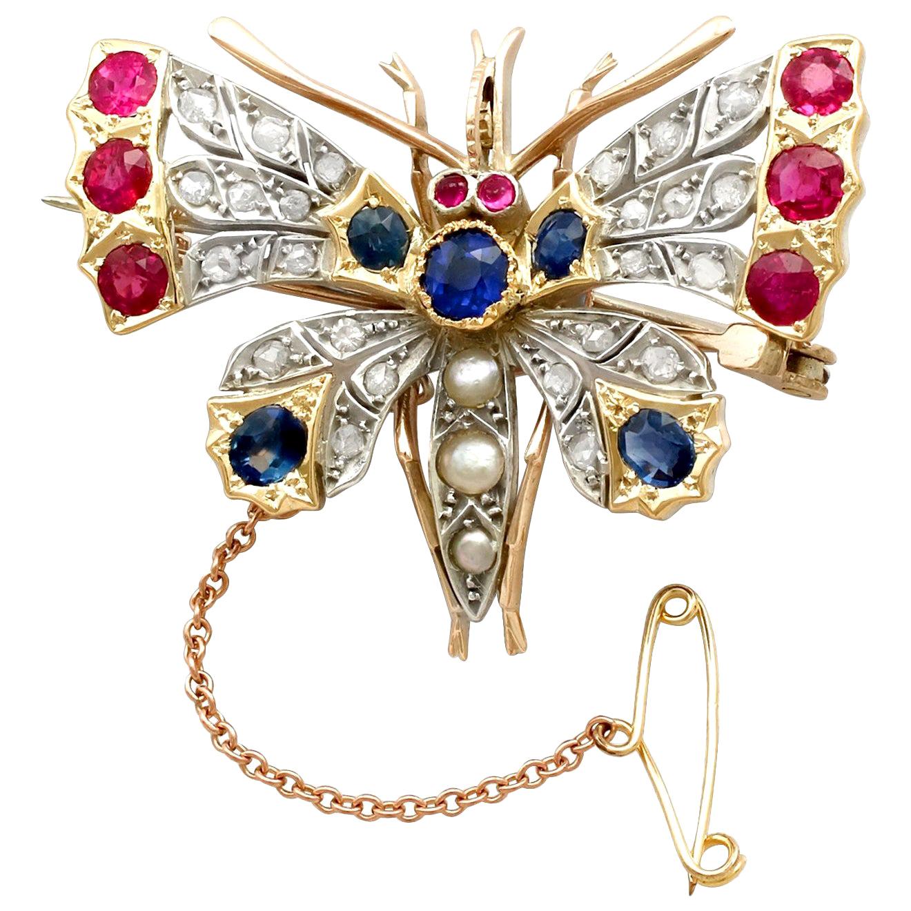 Antique Pearl Sapphire Ruby and Diamond Gold Butterfly Brooch