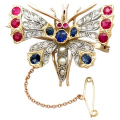 Antique Pearl Sapphire Ruby and Diamond Gold Butterfly Brooch