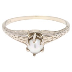 Antique Pearl Solitaire Ring, 14k White Gold, Ring Size 6.25, Bead Pearl