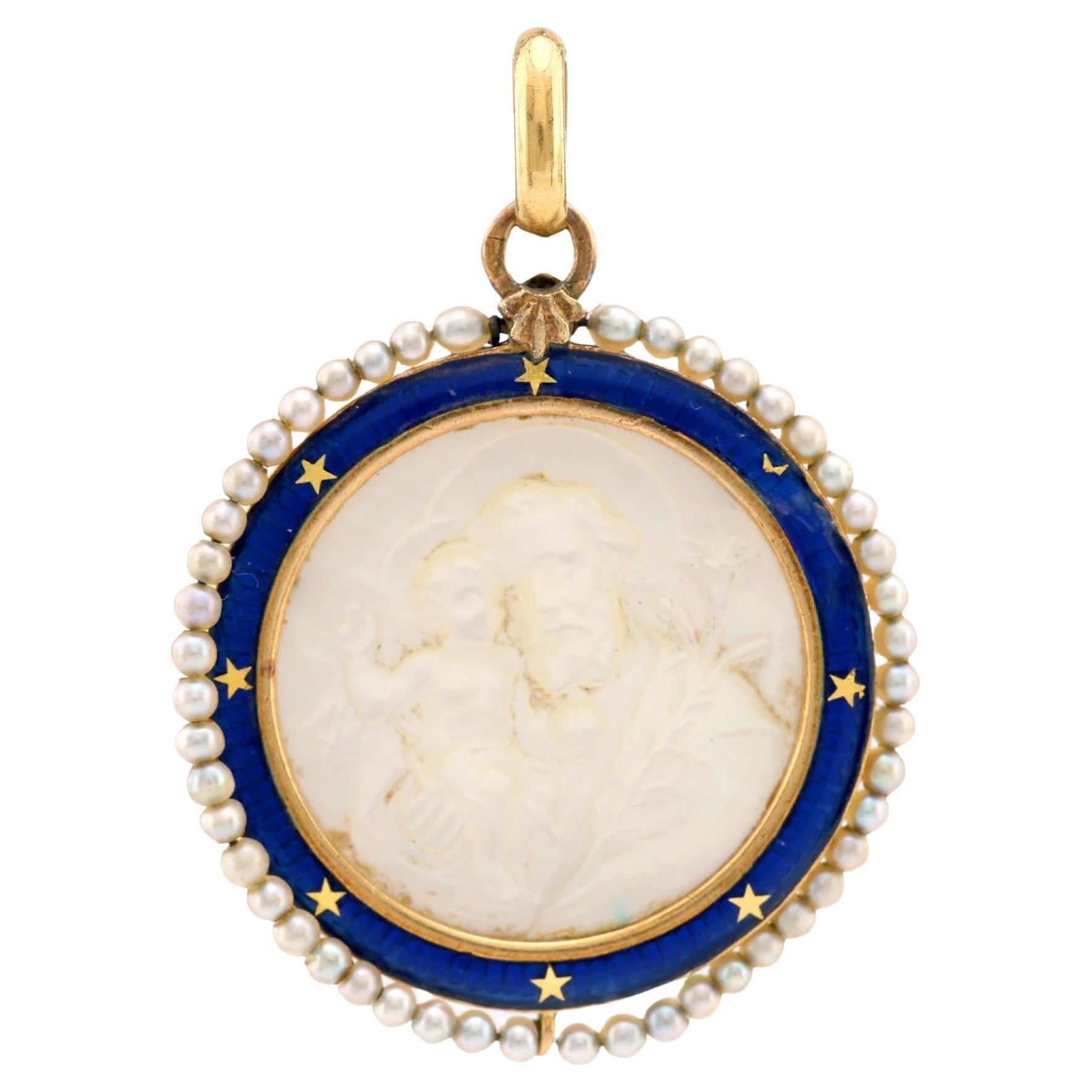 Antique Pearl St Joseph Mother of Pearl 18K Yellow Gold Pendant For ...