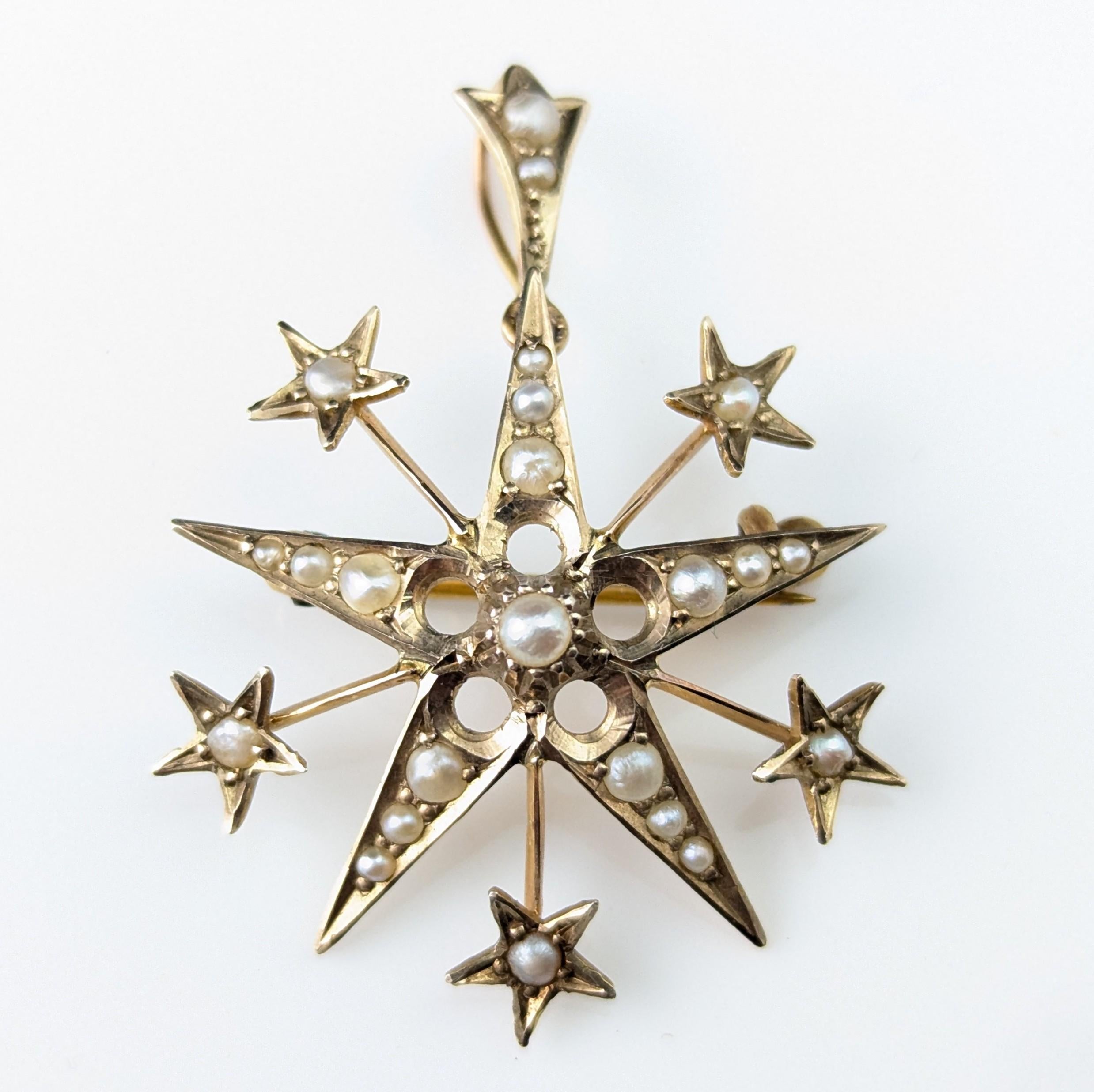 Antique Pearl star pendant brooch, 9k yellow gold For Sale 4