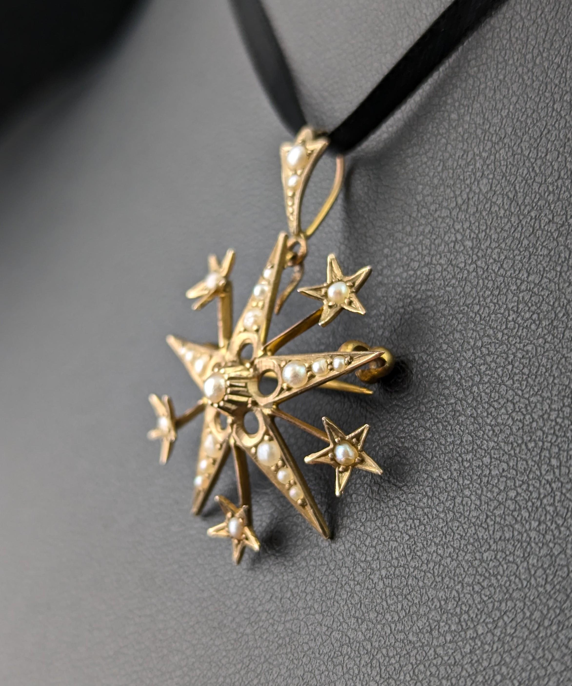 Edwardian Antique Pearl star pendant brooch, 9k yellow gold For Sale