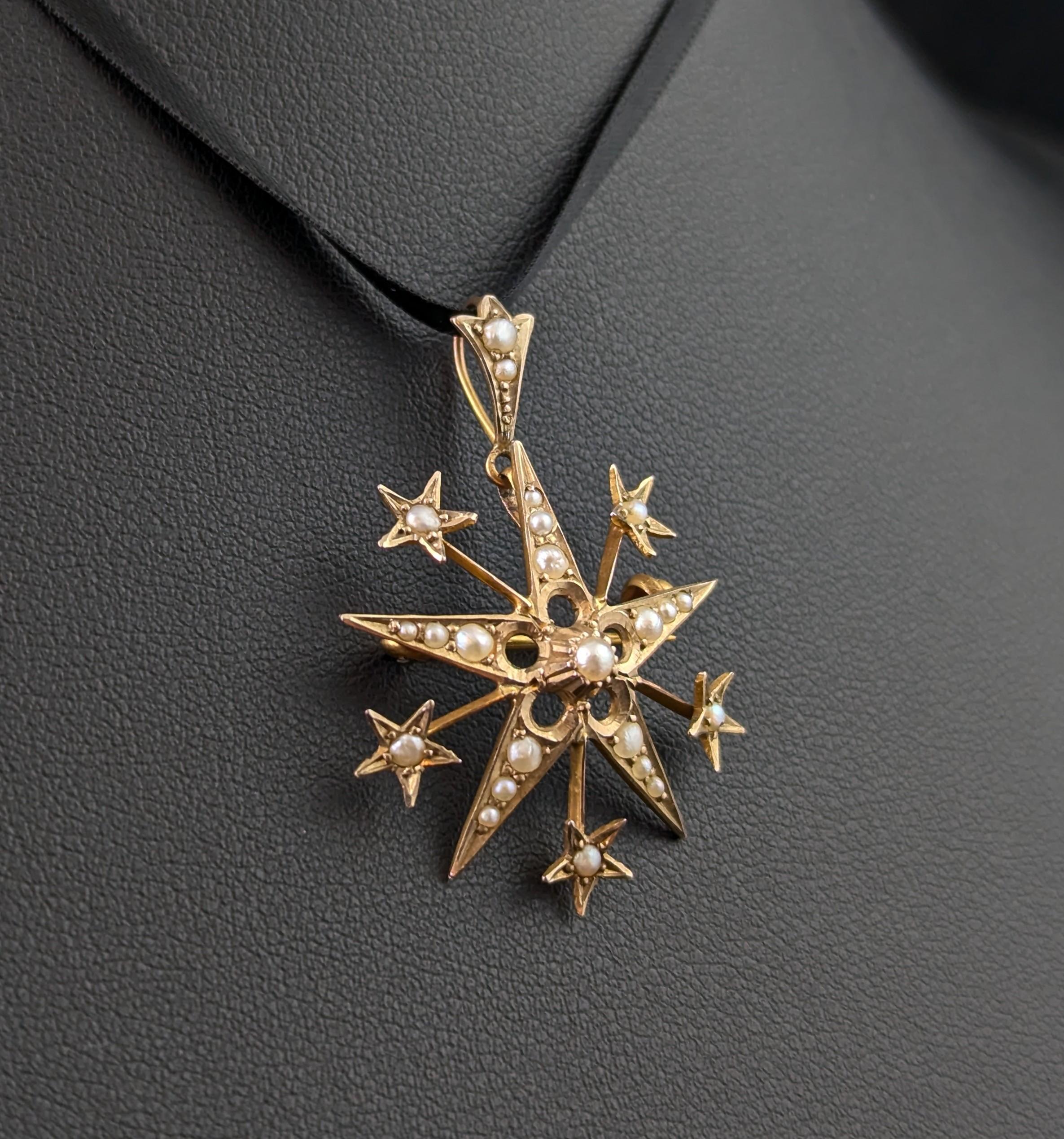 Cabochon Antique Pearl star pendant brooch, 9k yellow gold For Sale