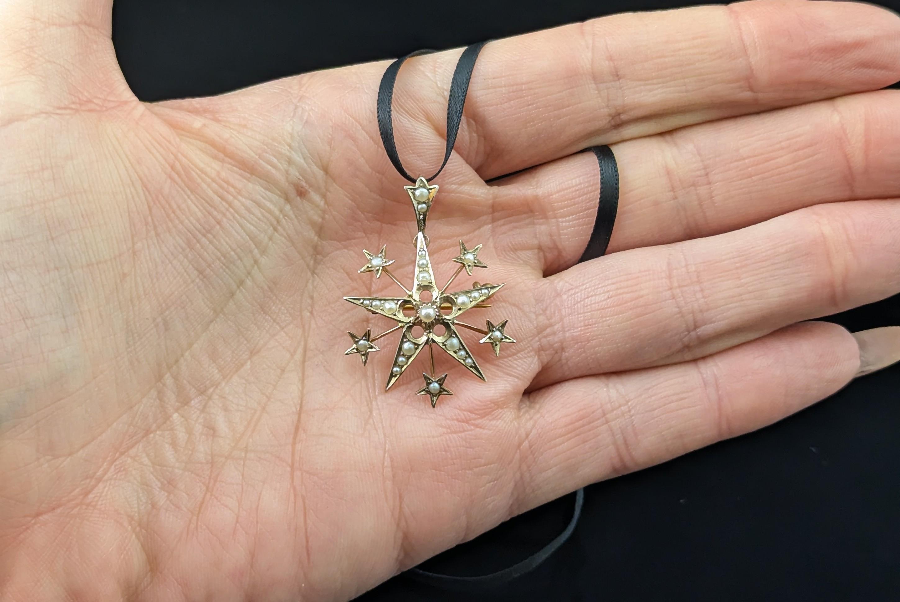 Antique Pearl star pendant brooch, 9k yellow gold In Good Condition For Sale In NEWARK, GB
