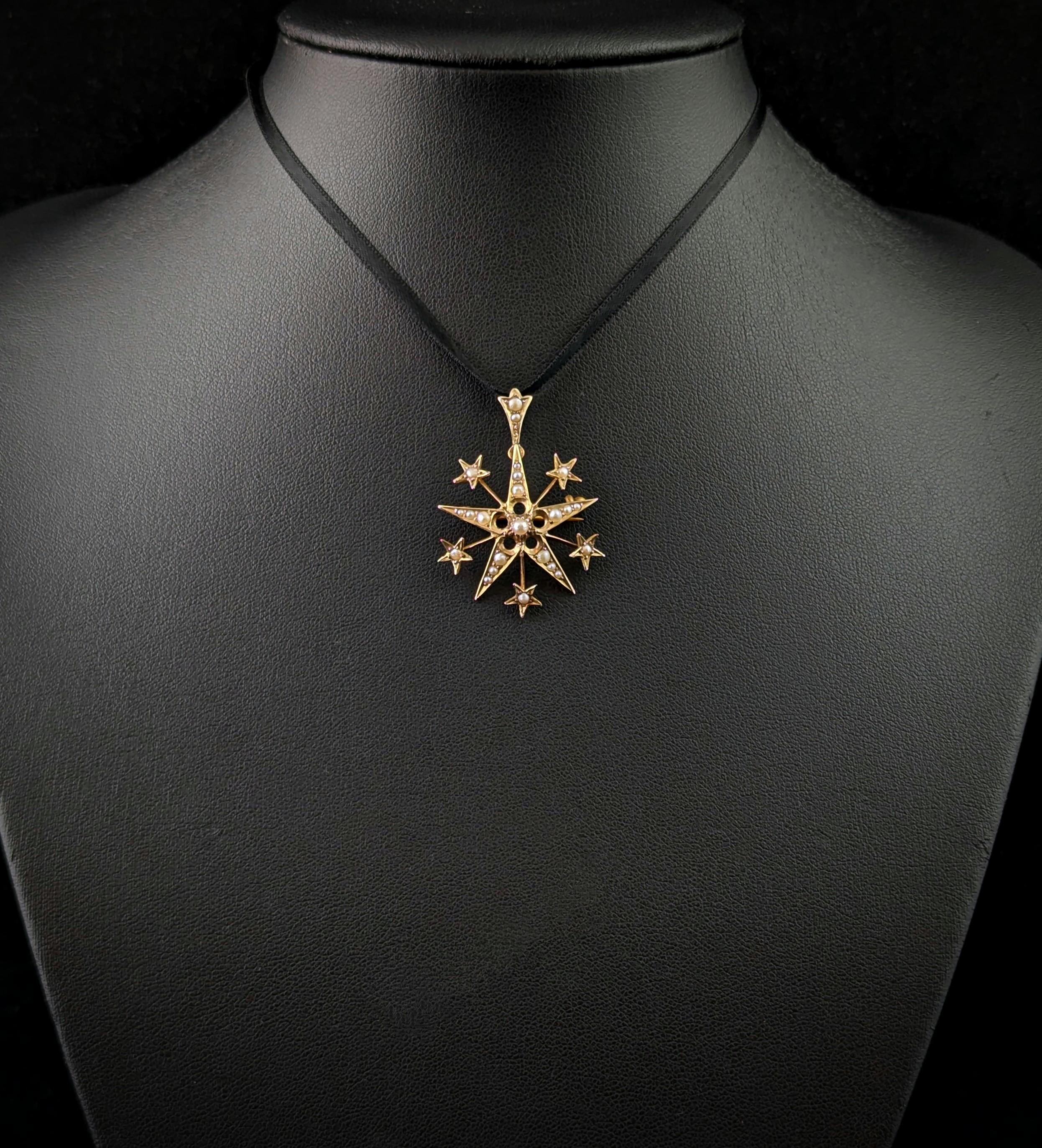 Women's Antique Pearl star pendant brooch, 9k yellow gold For Sale