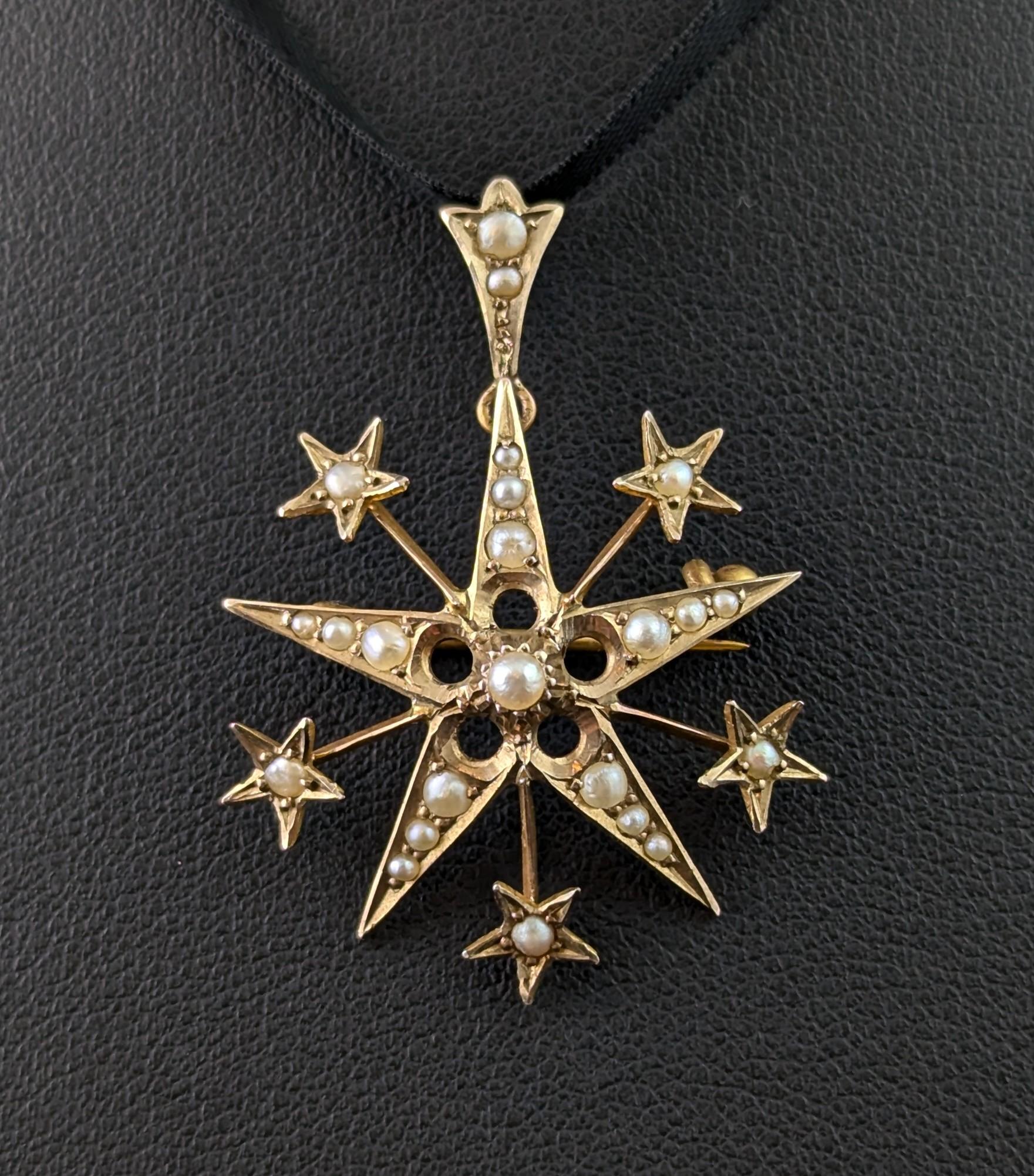 Antique Pearl star pendant brooch, 9k yellow gold For Sale 1