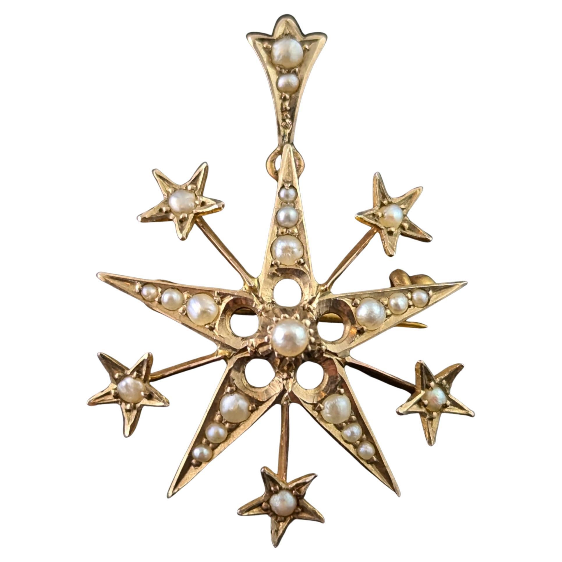 Antique Pearl star pendant brooch, 9k yellow gold