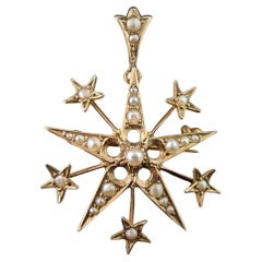 Antiguo broche colgante estrella de perlas, oro amarillo de 9 quilates