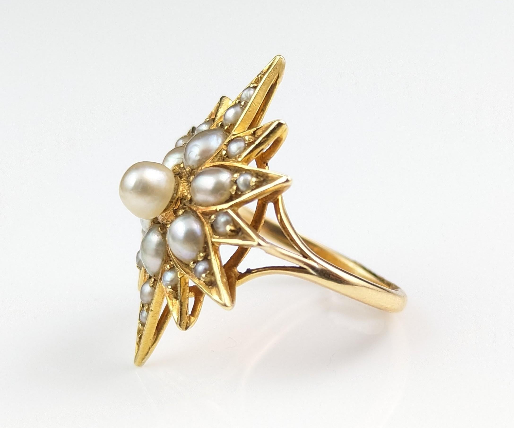 Antique Pearl Star Ring, 18k Yellow Gold, Conversion For Sale 5
