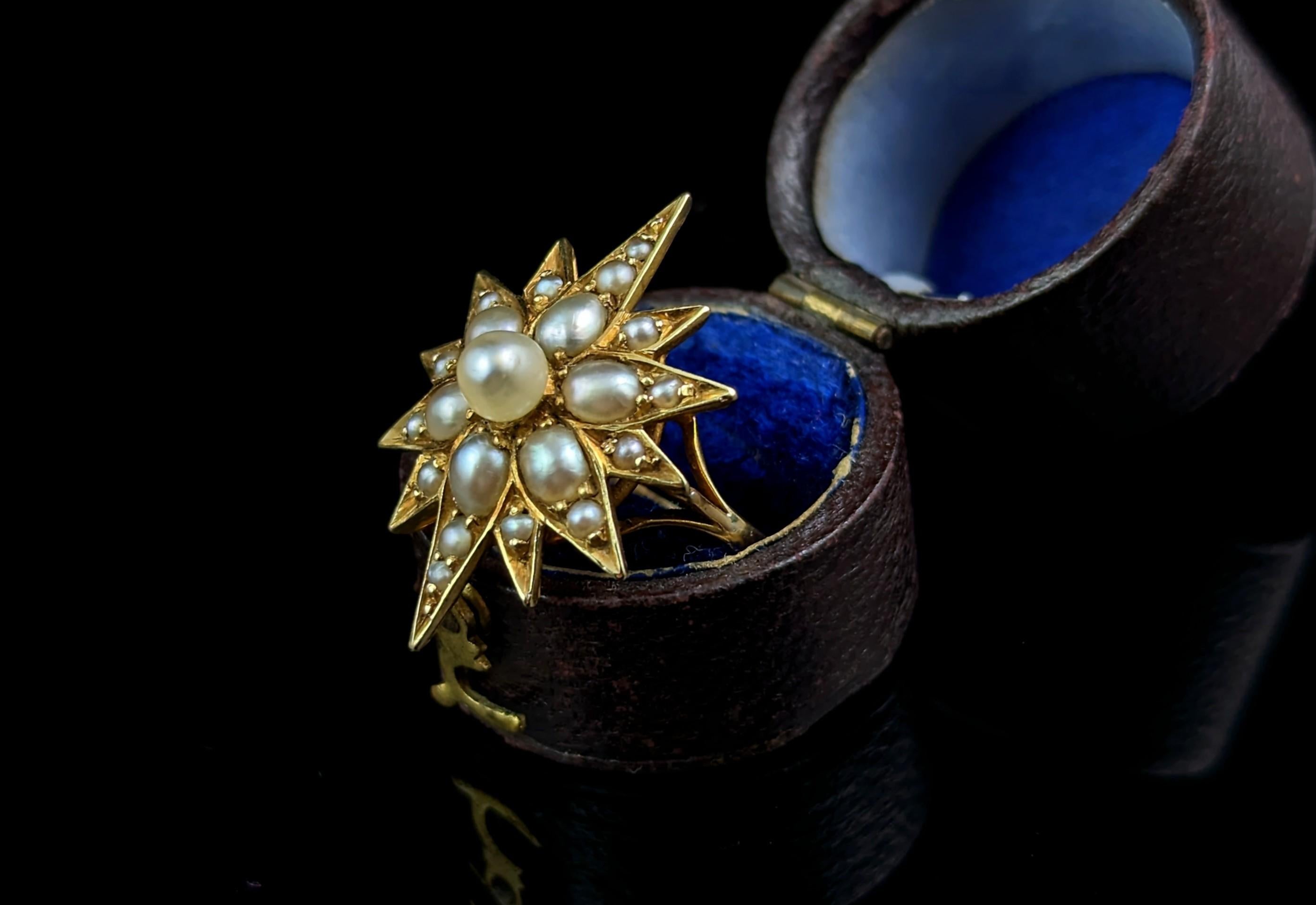 Antique Pearl Star Ring, 18k Yellow Gold, Conversion In Good Condition For Sale In NEWARK, GB