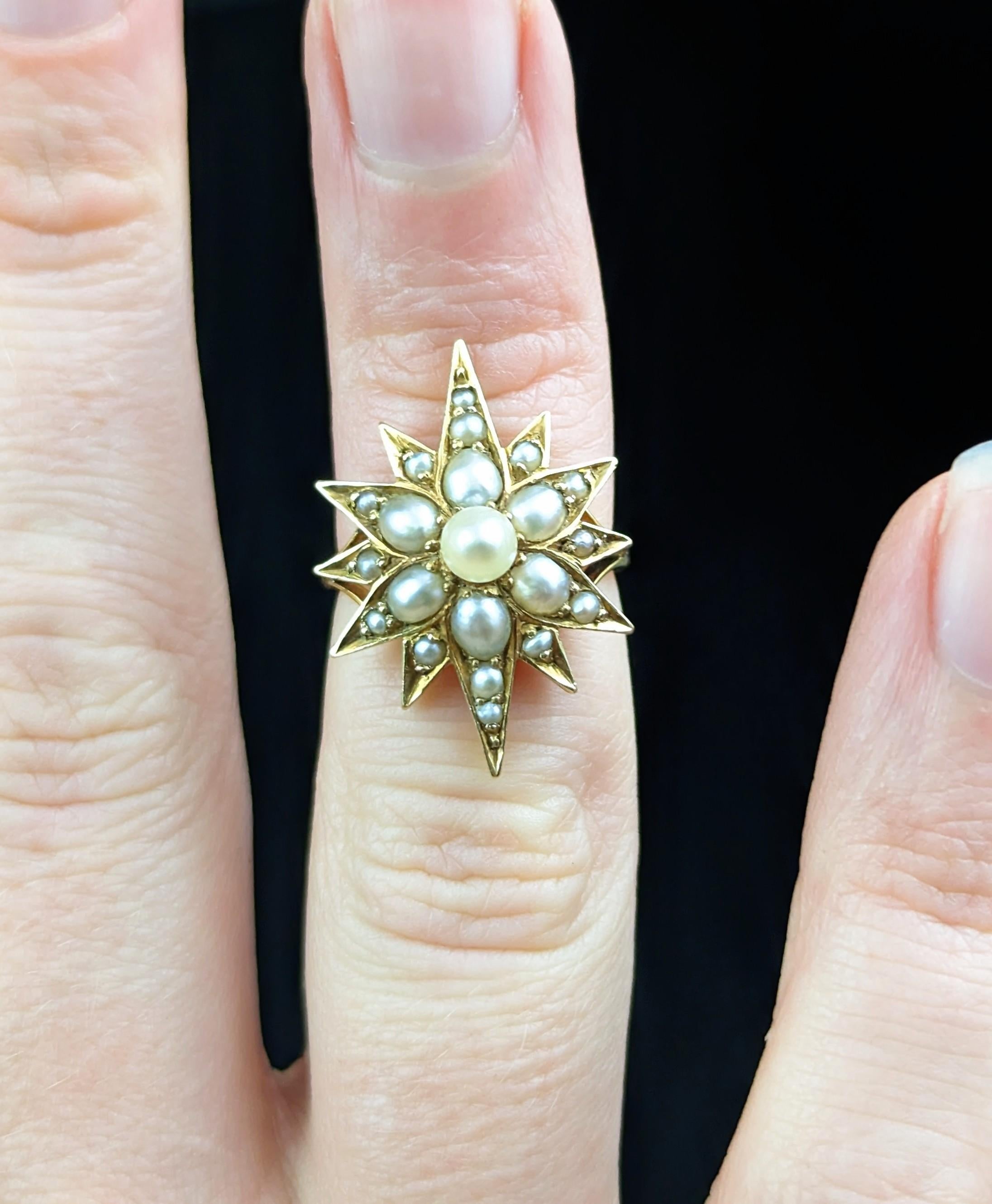 Women's Antique Pearl Star Ring, 18k Yellow Gold, Conversion For Sale
