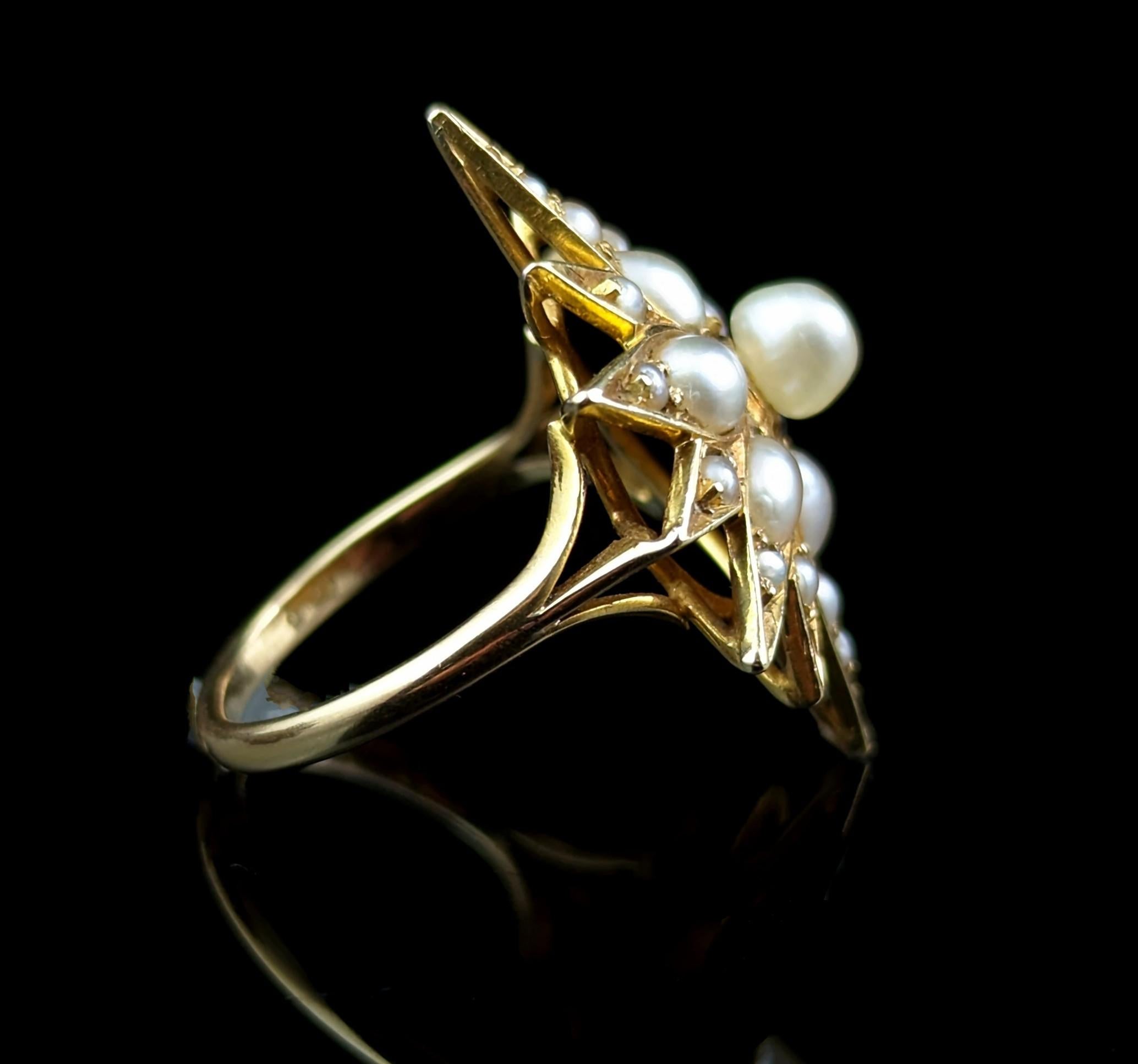 Antique Pearl Star Ring, 18k Yellow Gold, Conversion For Sale 1