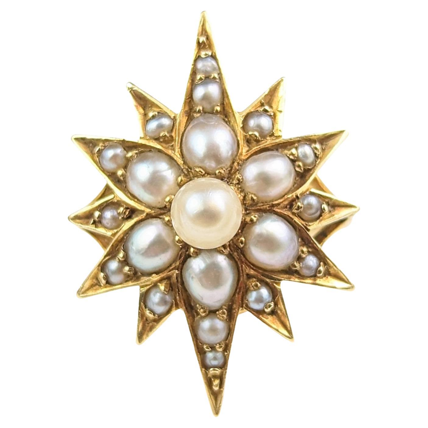 Antique Pearl Star Ring, 18k Yellow Gold, Conversion For Sale