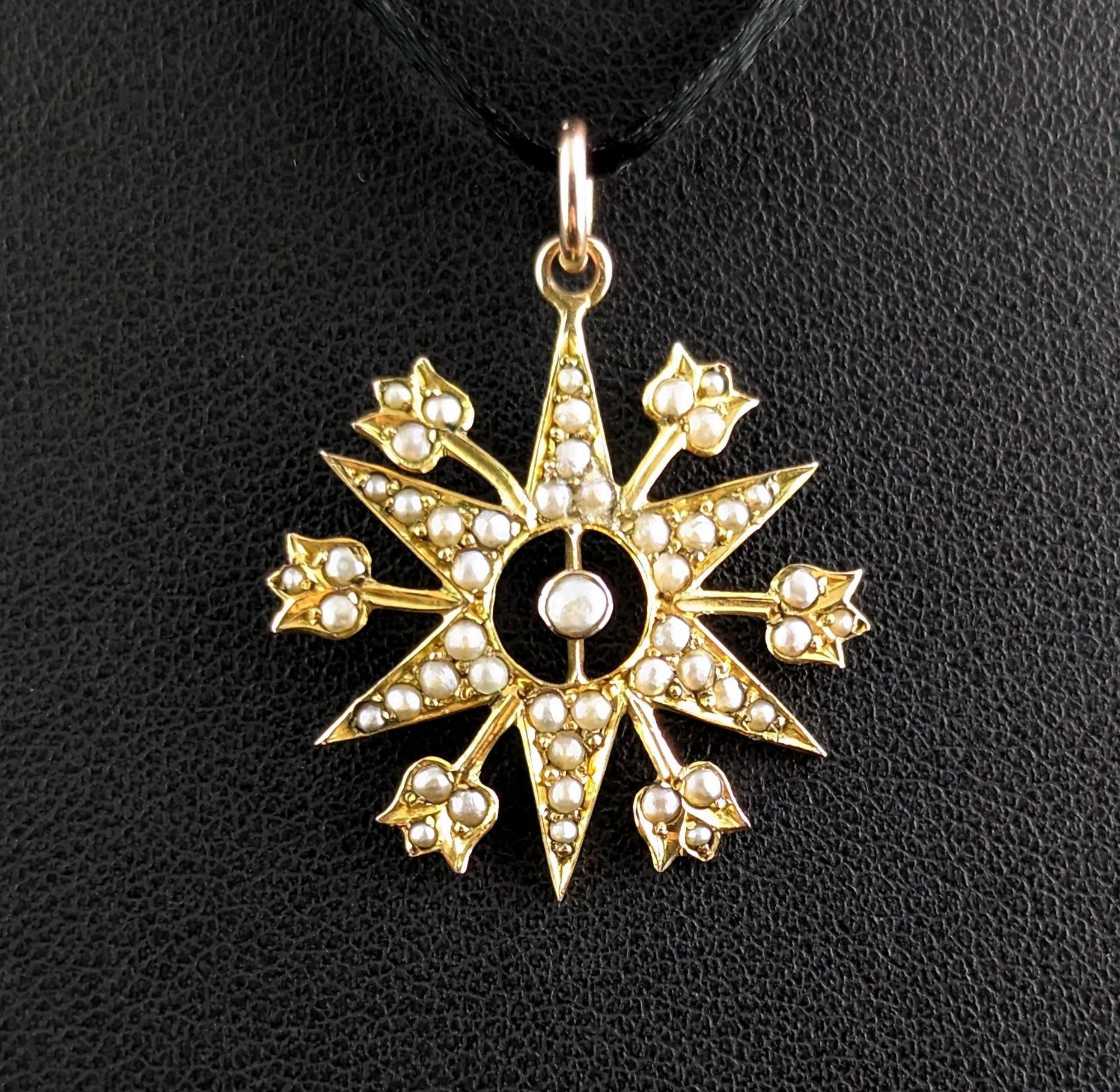 Antique Pearl Starburst Pendant, 9k Yellow Gold, Edwardian 4