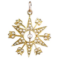 Antique Pearl Starburst Pendant, 9k Yellow Gold, Edwardian