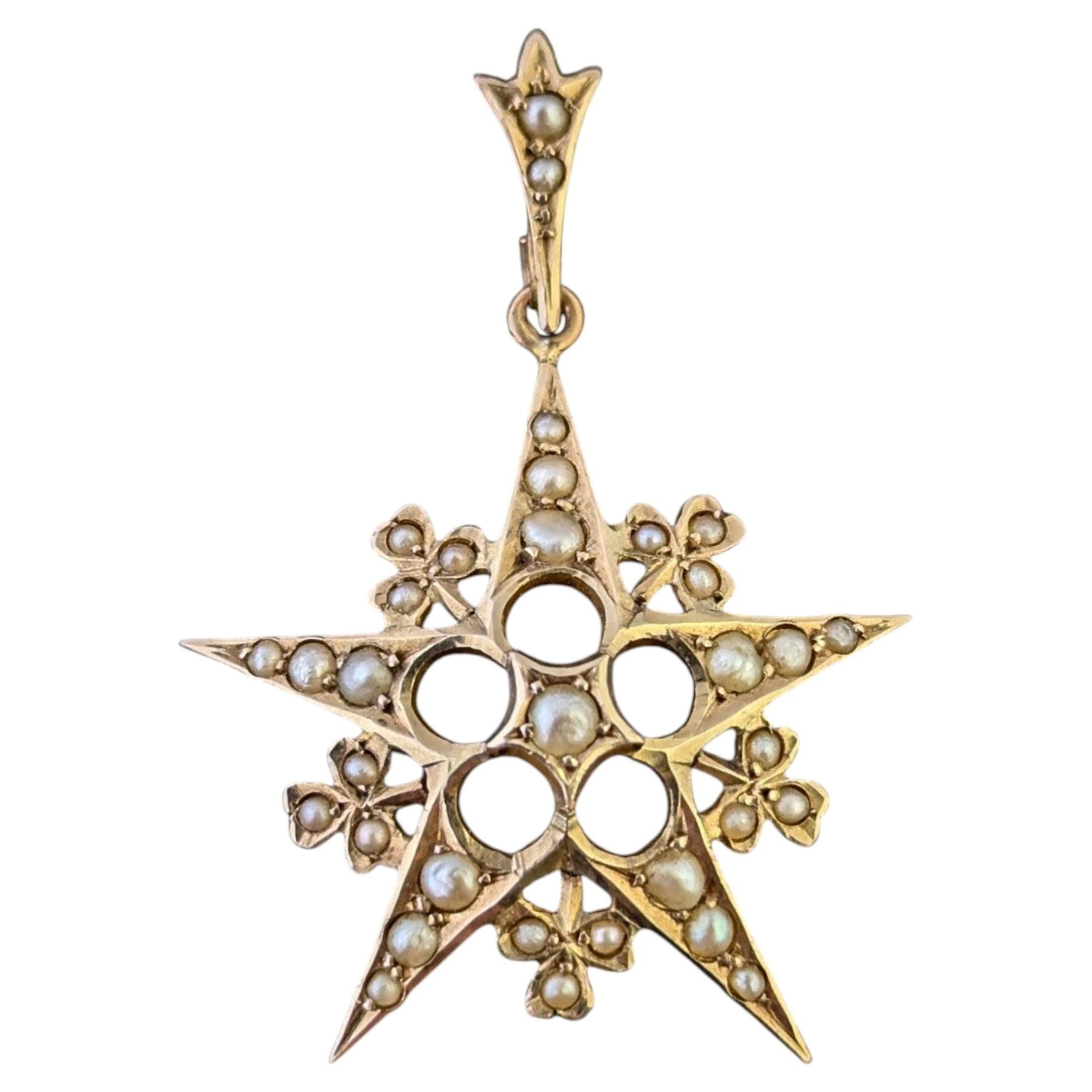 Ciondolo con perla antica a forma di stella, oro giallo 9 carati, Shamrock